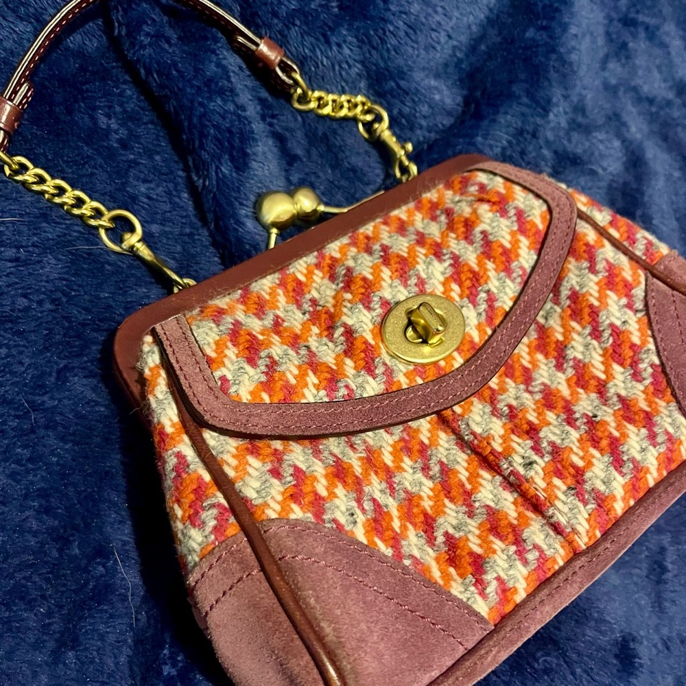 Coach Houndstooth and Suede Top Handle Clutch Purse
